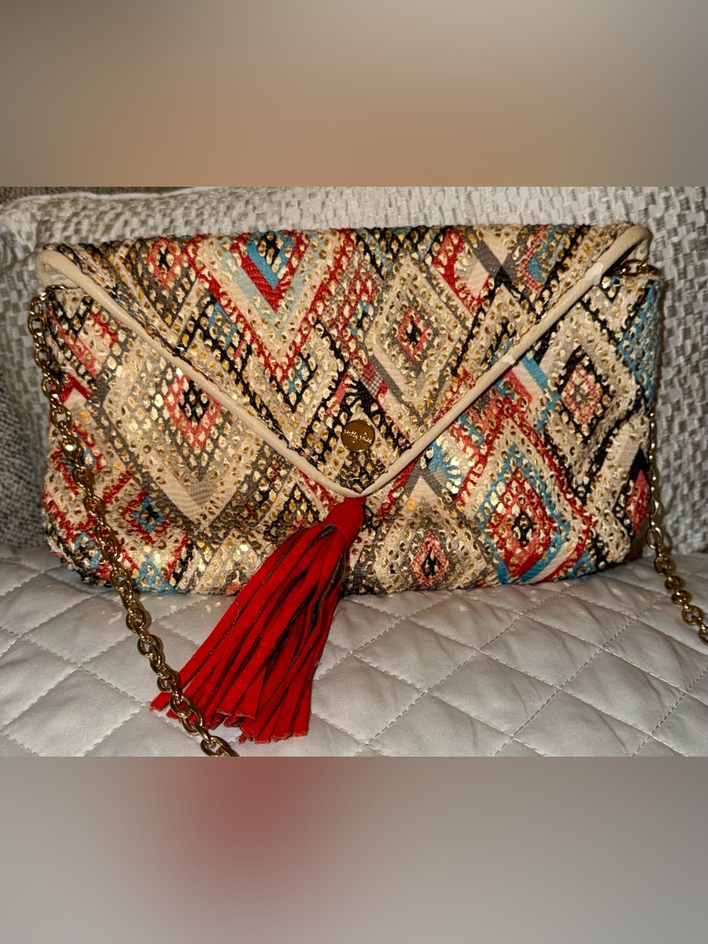 Handwoven Multicolor Envelope Crossbody Clutch with Red Tassel